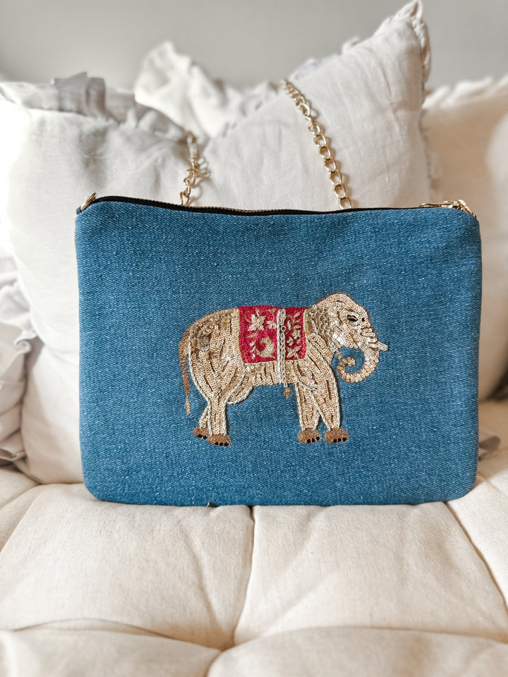 Embroidered Elephant Pochette | Denim Blue - Bombaby