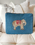 Embroidered Elephant Pochette | Denim Blue - Bombaby