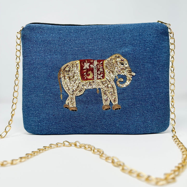 Embroidered Elephant Pochette | Denim Blue - Bombaby