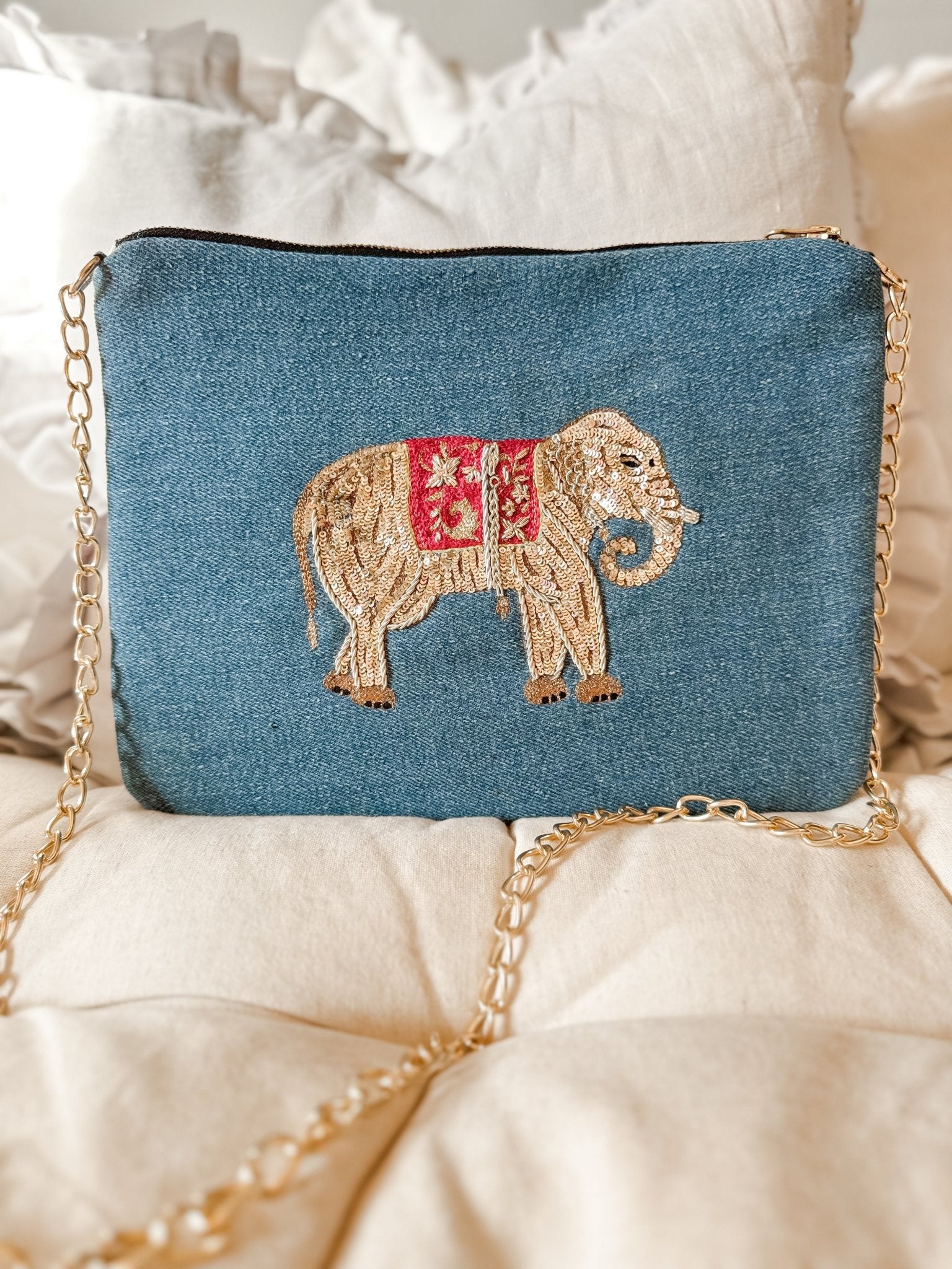 Embroidered Elephant Pochette | Denim Blue - Bombaby