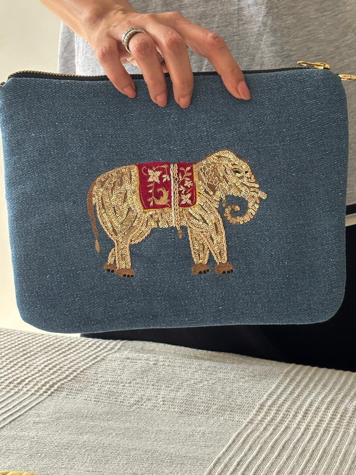 Embroidered Elephant Pochette | Denim - Bombaby