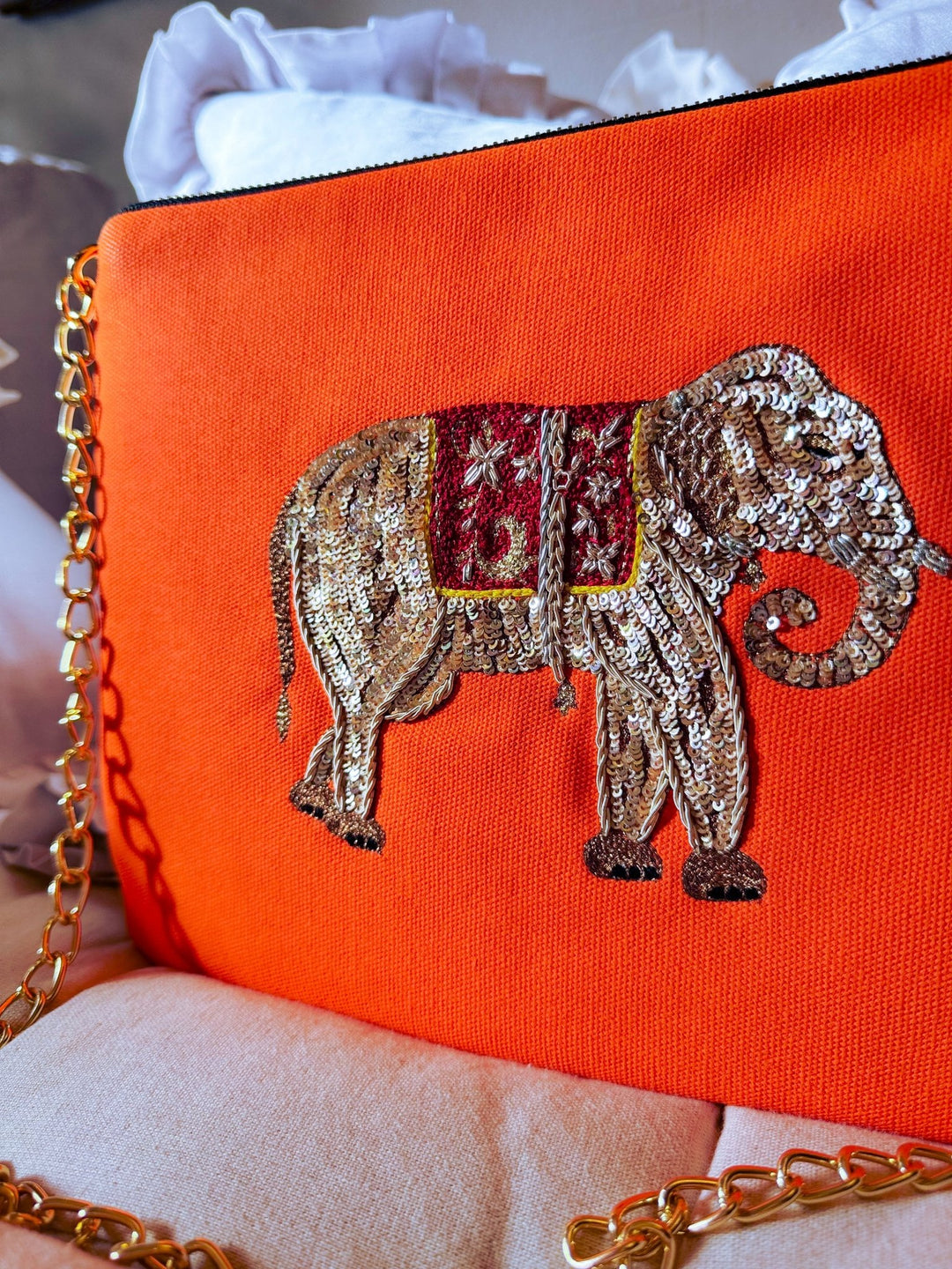 Embroidered Elephant Pochette | Orange Lolly - Bombaby