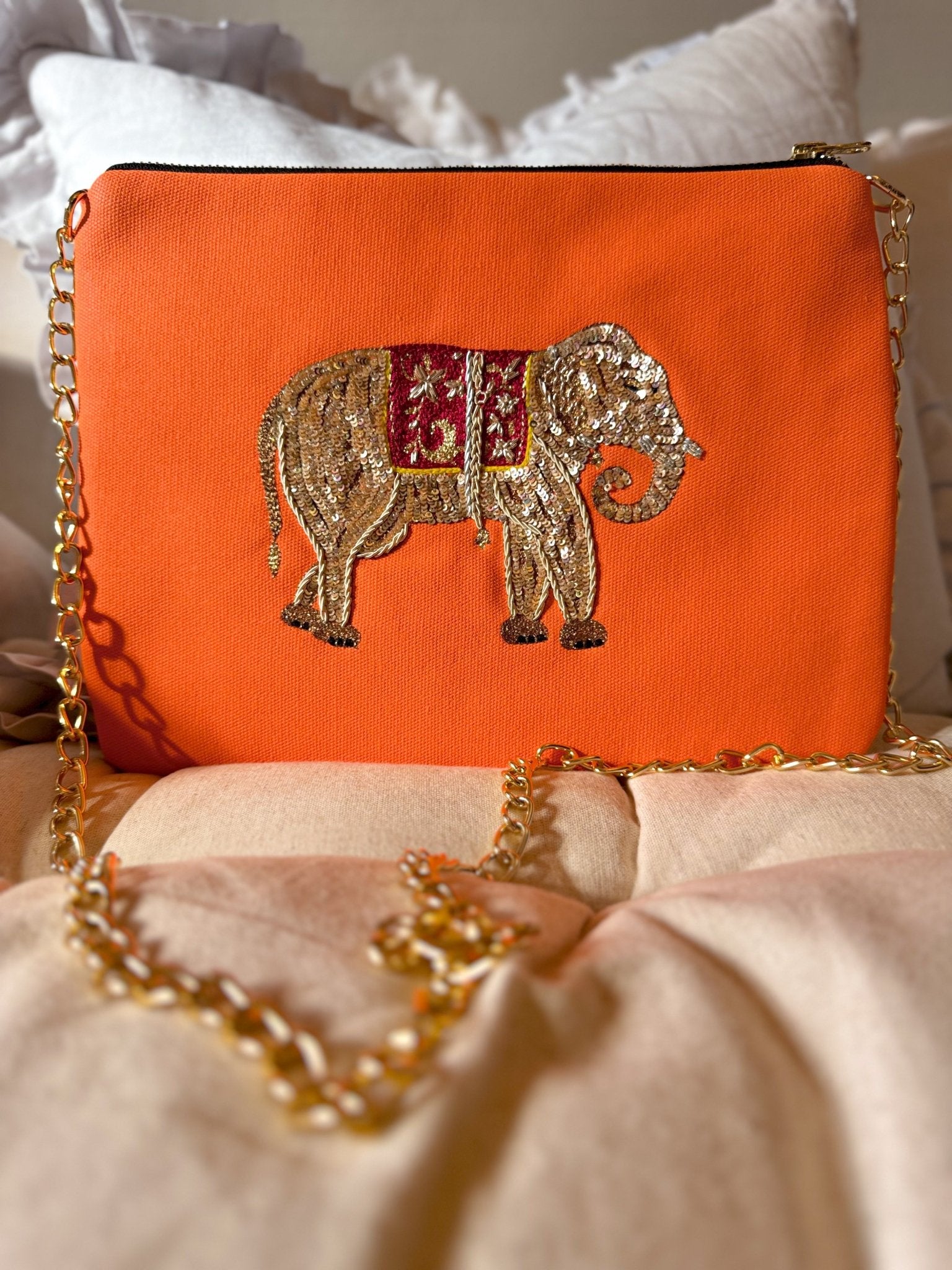 Embroidered Elephant Pochette | Orange Lolly - Bombaby