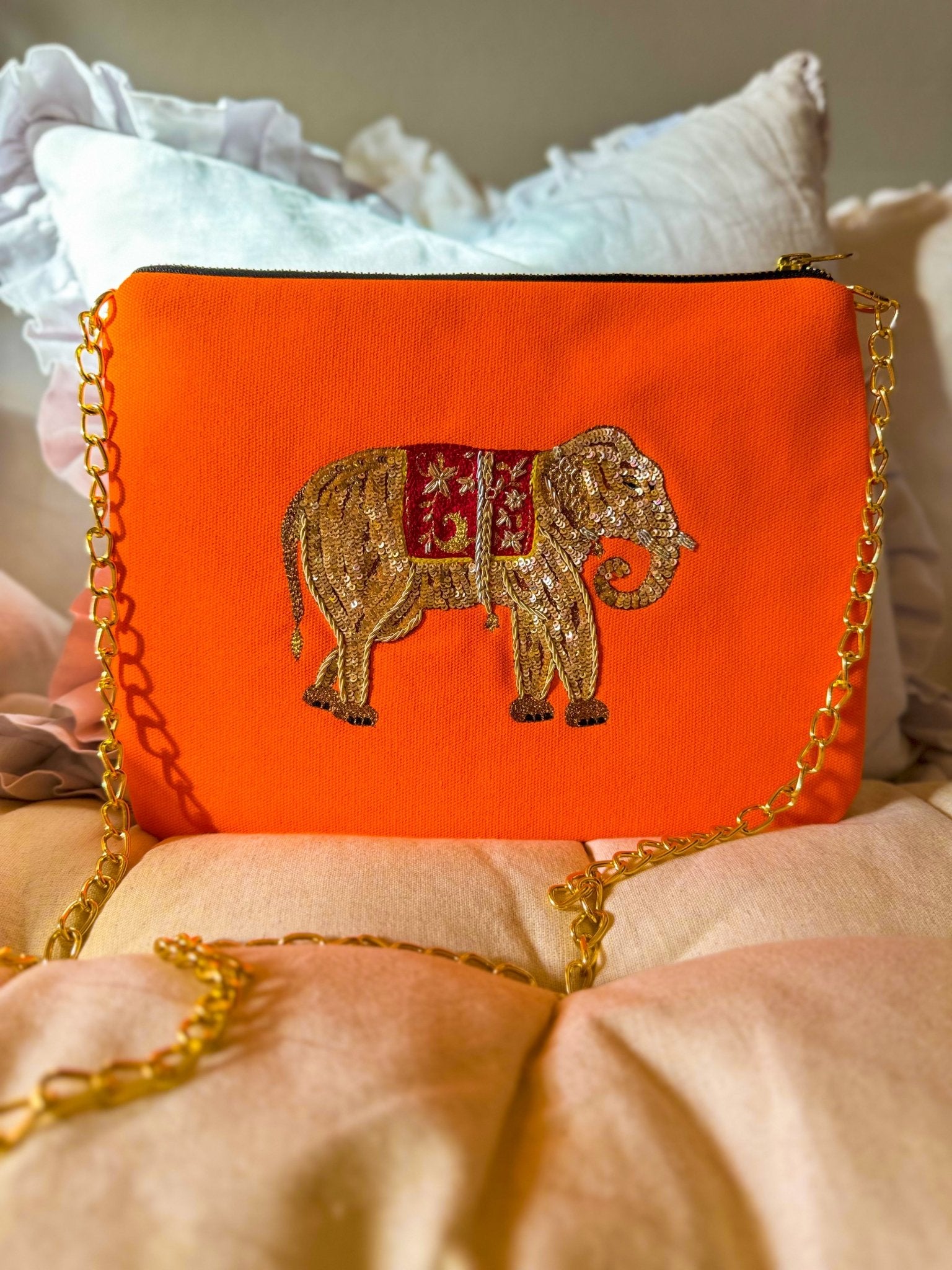 Embroidered Elephant Pochette | Orange Lolly - Bombaby