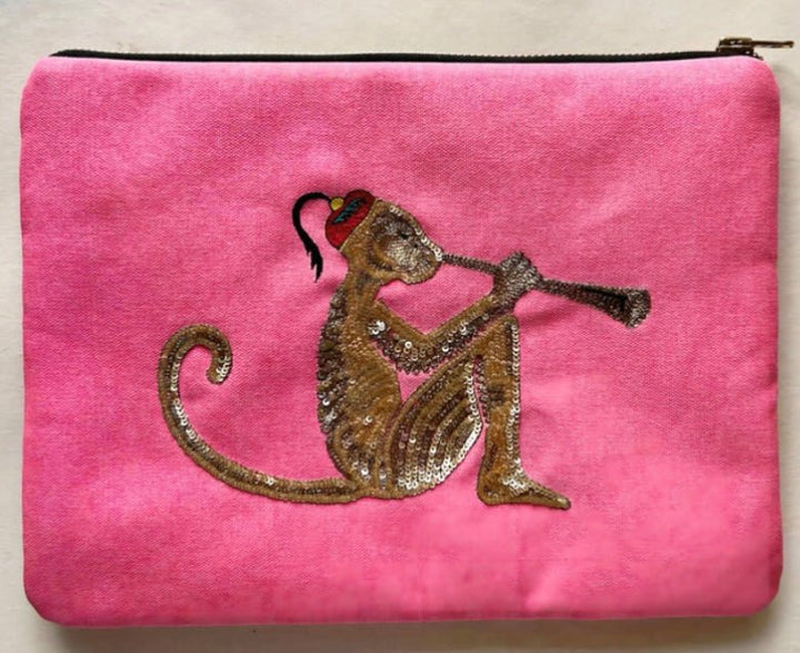 Embroidered Monkey Pochette | Candy Pink - Bombaby