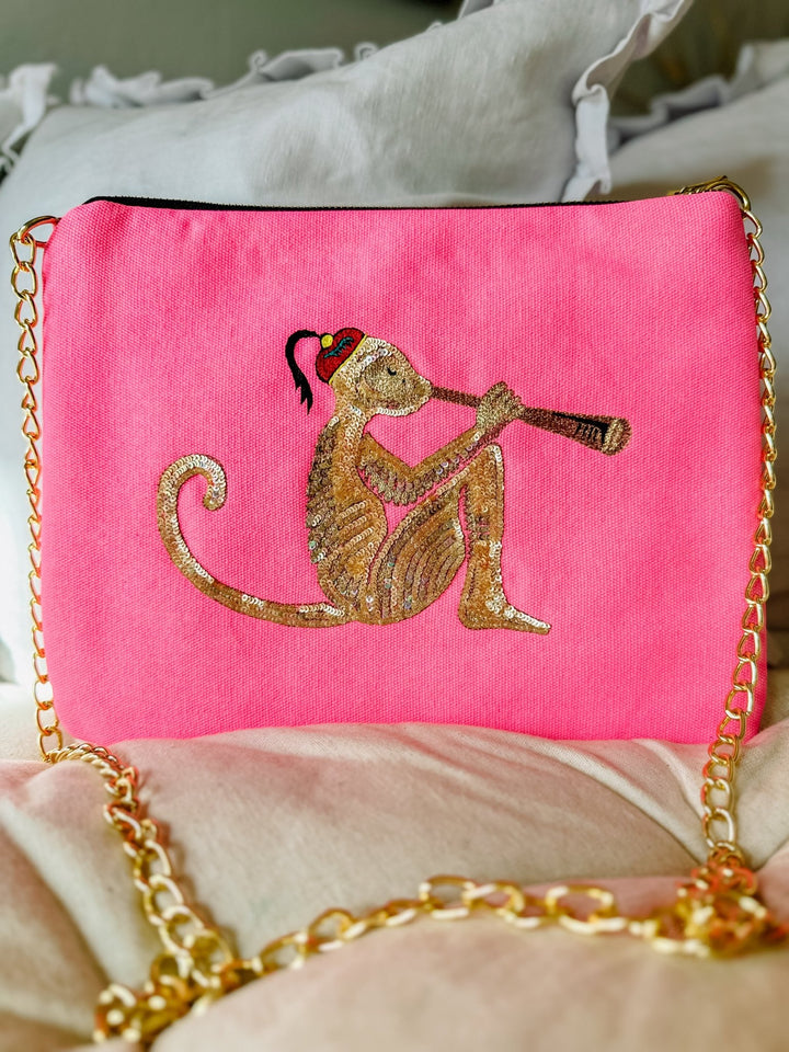 Embroidered Monkey Pochette | Candy Pink - Bombaby