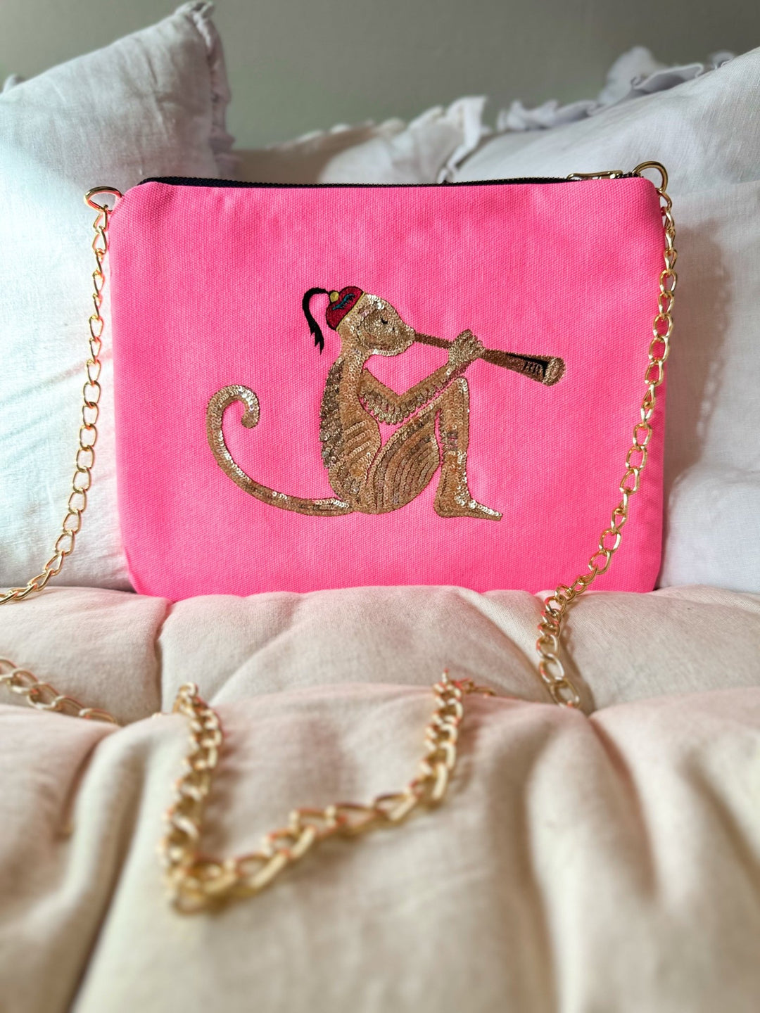 Embroidered Monkey Pochette | Candy Pink - Bombaby