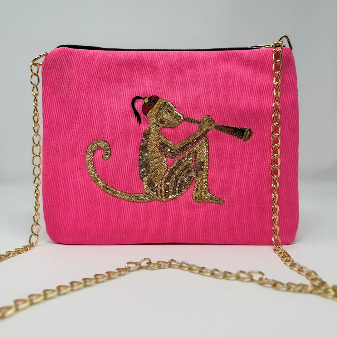 Embroidered Monkey Pochette | Candy Pink - Bombaby