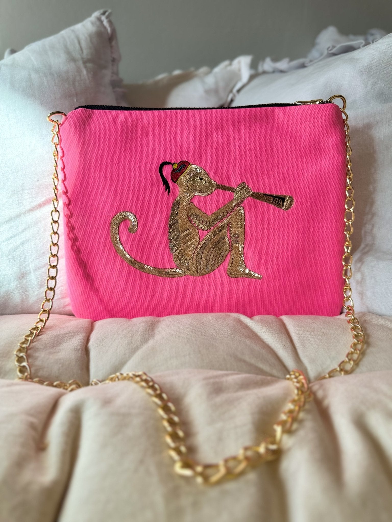 Embroidered Monkey Pochette | Candy Pink - Bombaby