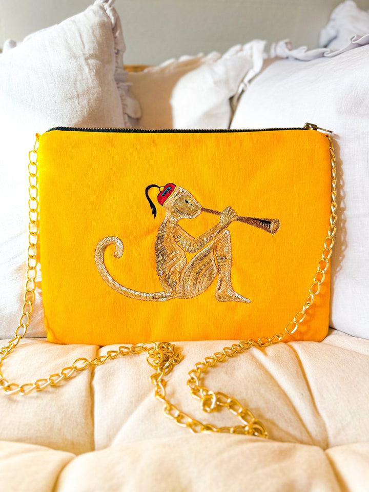 Embroidered Monkey Pochette | Turmeric Yellow - Bombaby