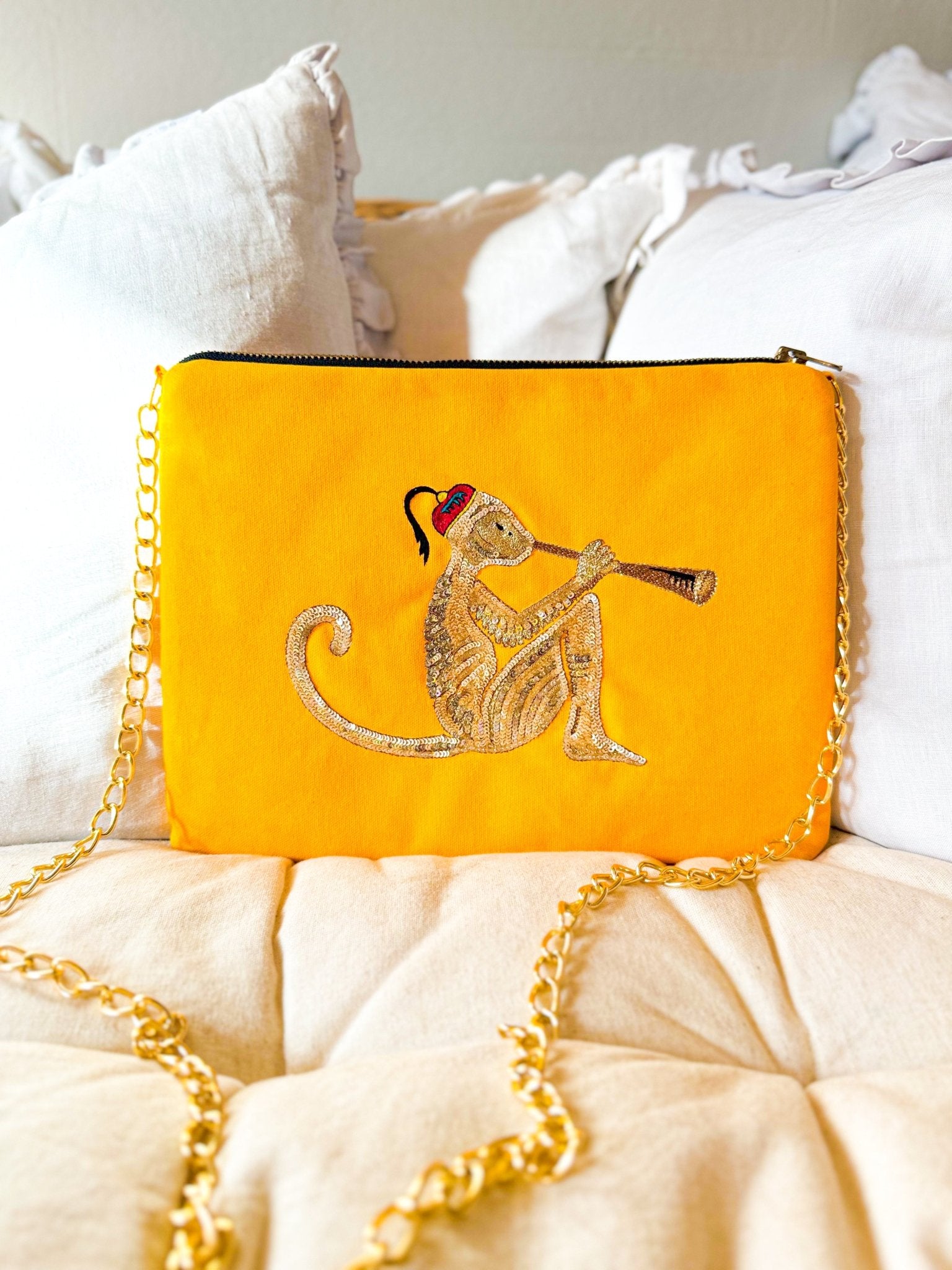 Embroidered Monkey Pochette | Turmeric Yellow - Bombaby