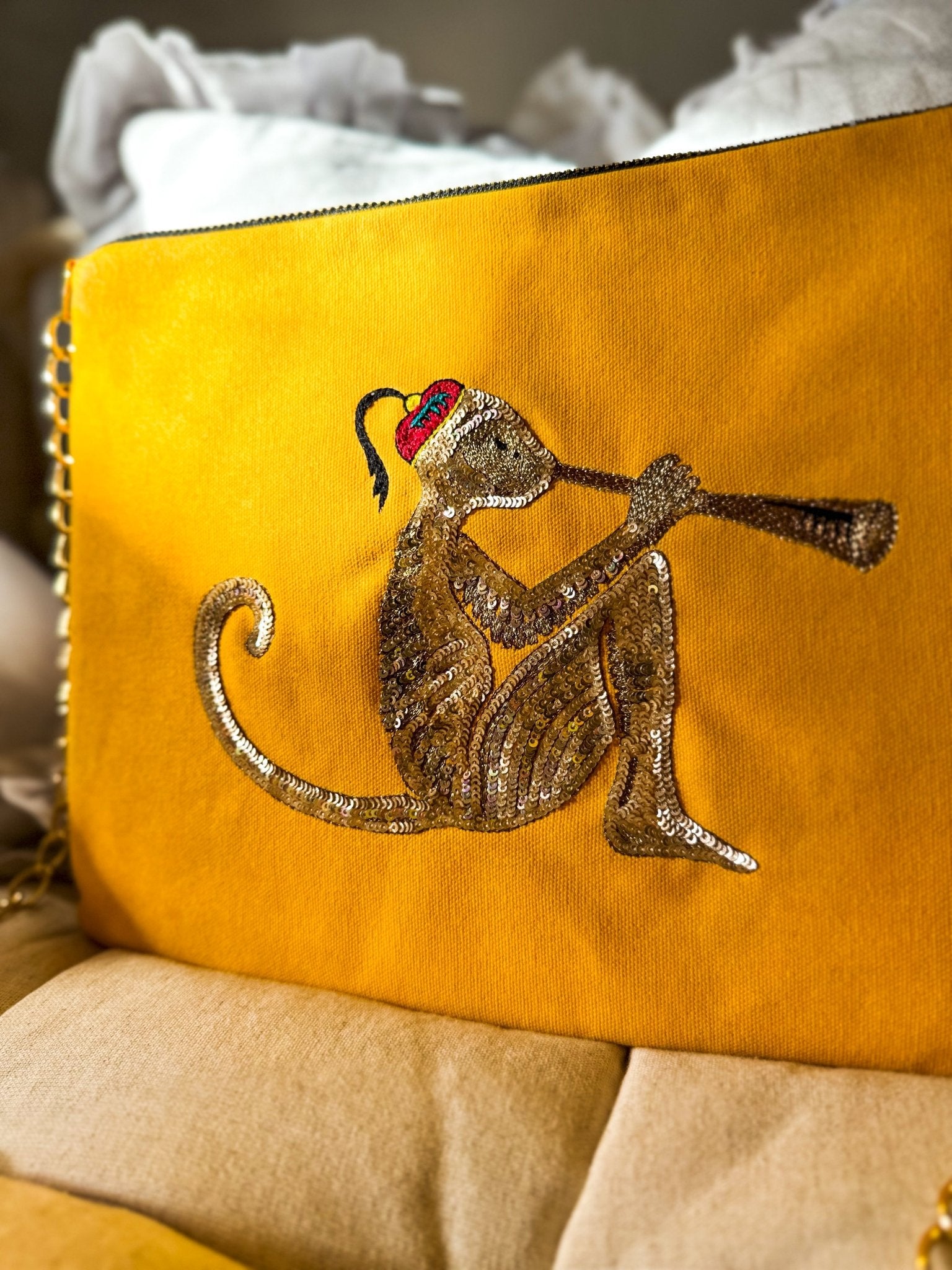 Embroidered Monkey Pochette | Turmeric Yellow - Bombaby