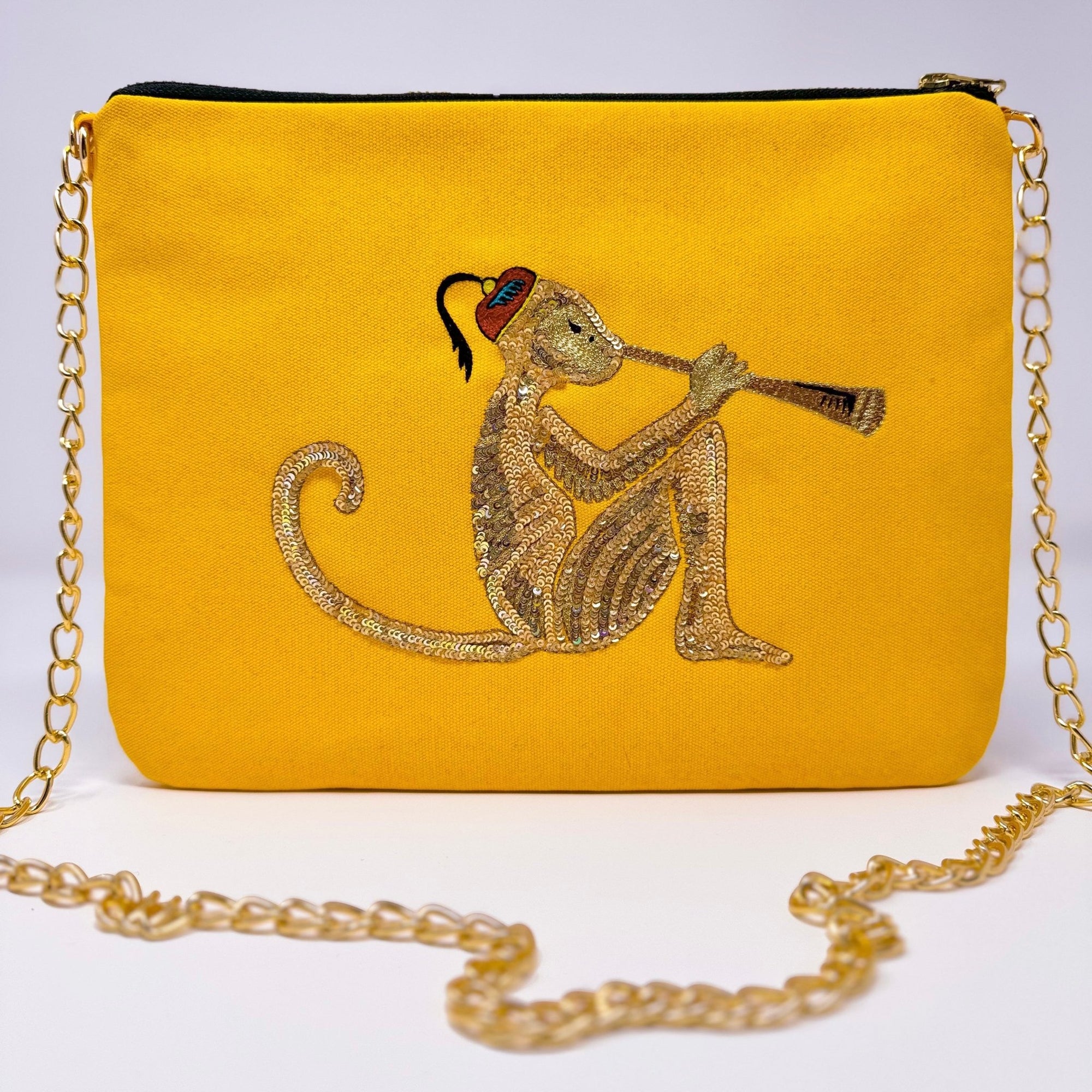 Embroidered Monkey Pochette | Turmeric Yellow - Bombaby