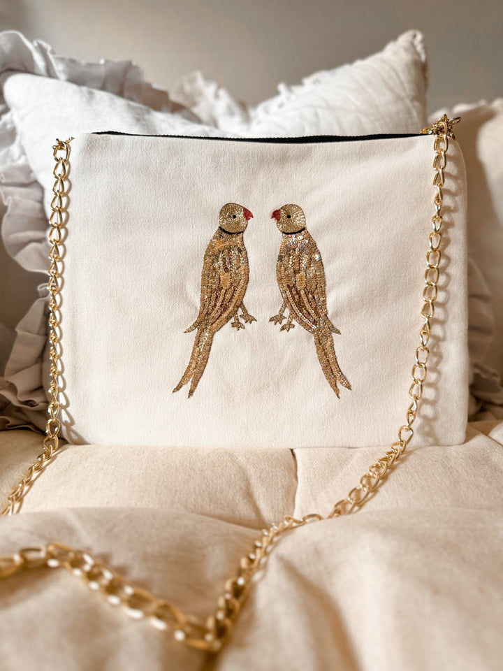 Embroidered Parrot Pochette | Cream - Bombaby