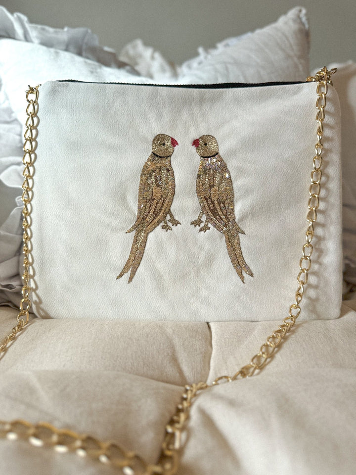 Embroidered Parrot Pochette | Cream - Bombaby