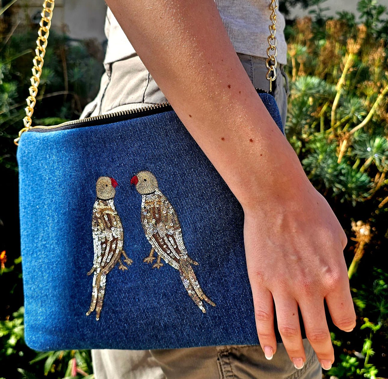 Embroidered Parrot Pochette | Denim - Bombaby