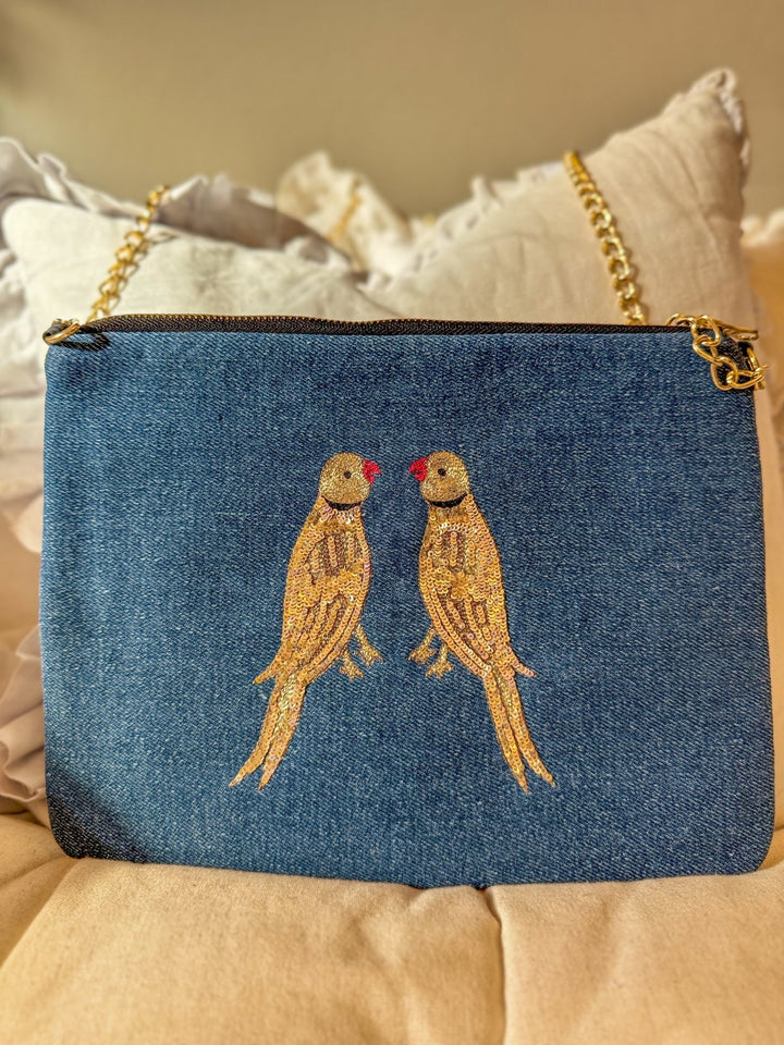 Embroidered Parrot Pochette | Denim - Bombaby