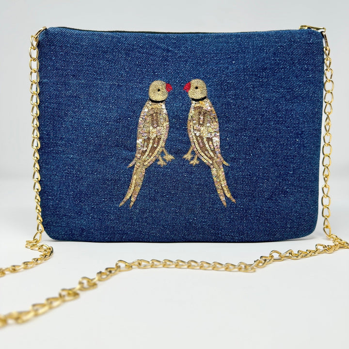 Embroidered Parrot Pochette | Denim - Bombaby