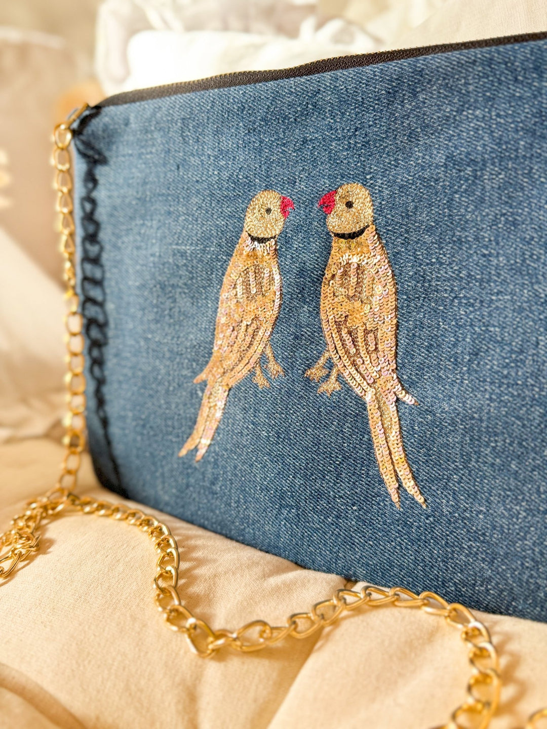 Embroidered Parrot Pochette | Denim - Bombaby