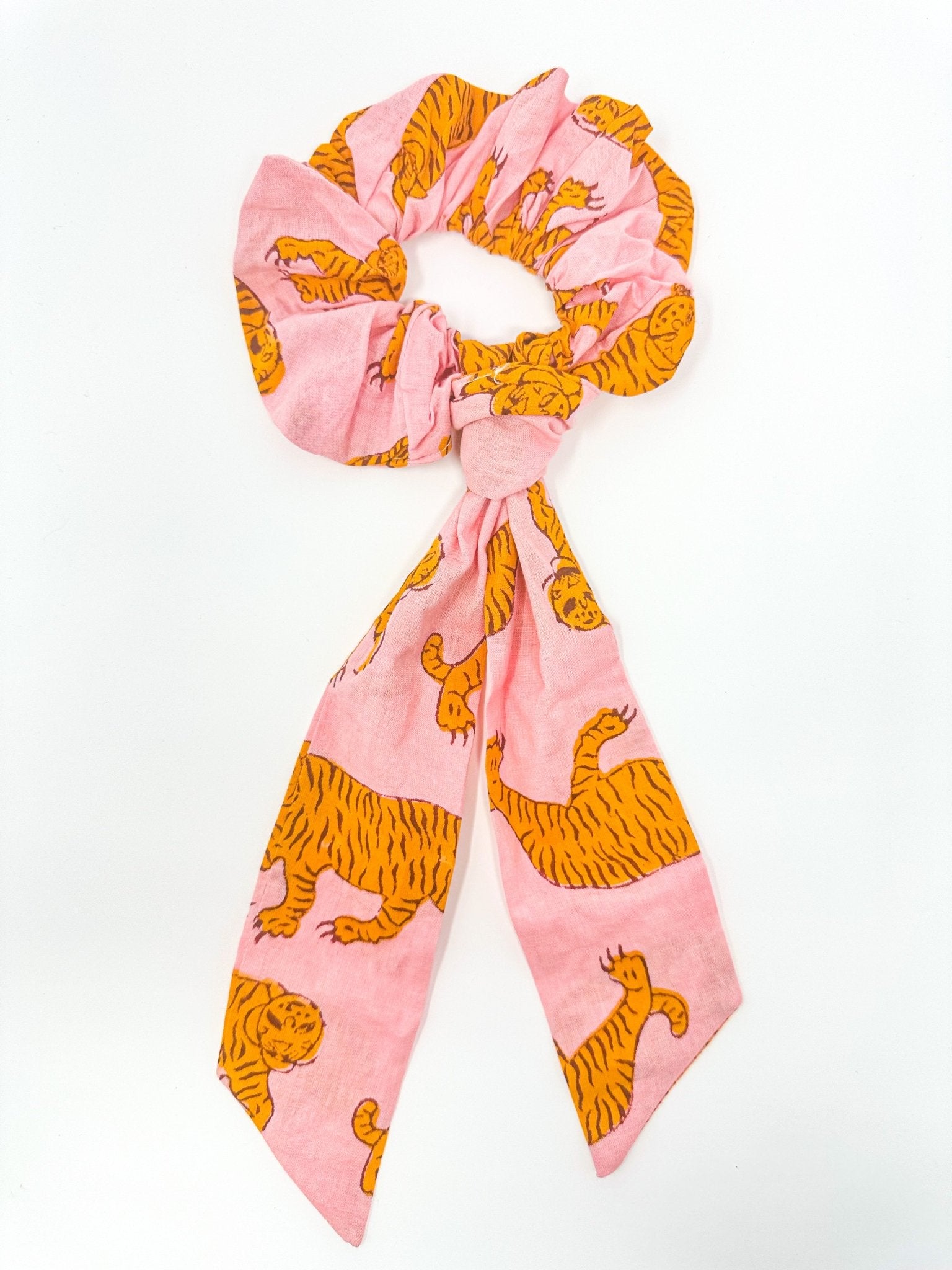 Handmade Block Print Cotton Scrunchies | Indian Tiger - Bombaby