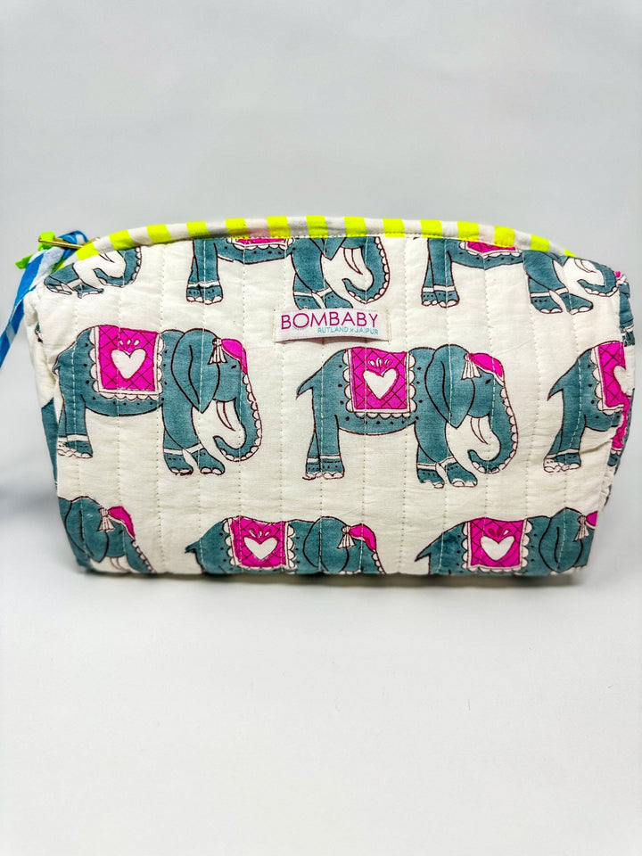 Handmade Block Print Quilted Wash Bag | Amara's Elephant - Bombaby