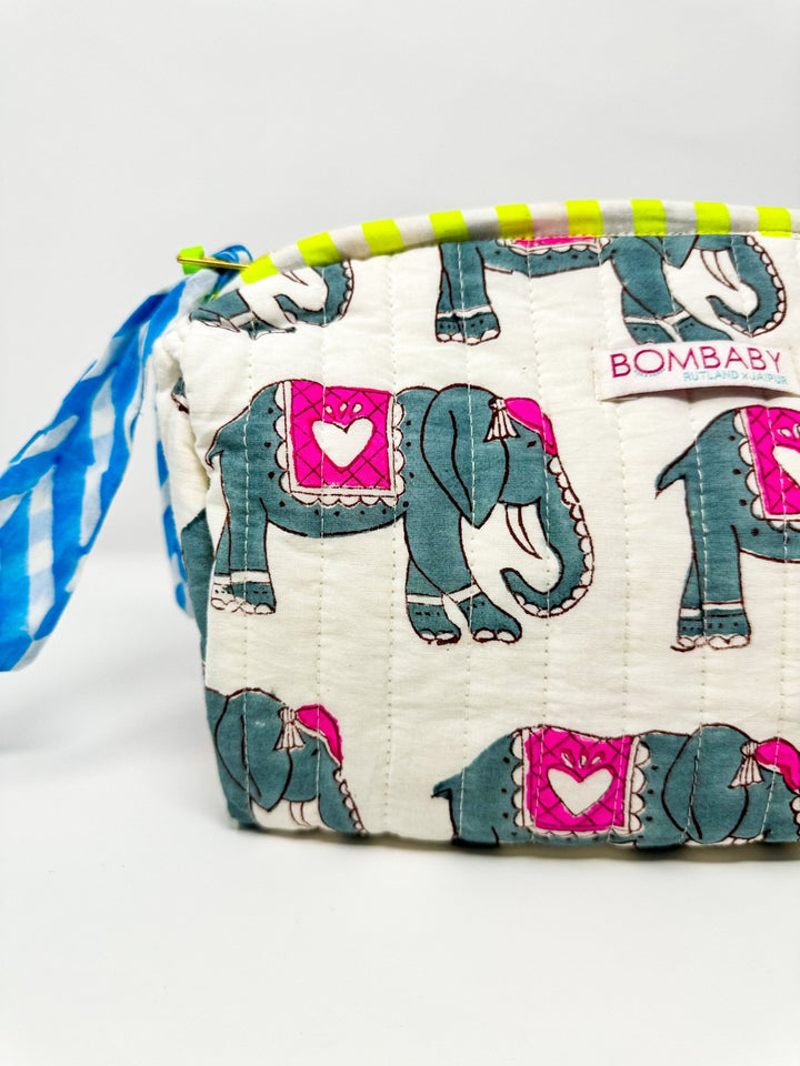 Handmade Block Print Quilted Wash Bag | Amara's Elephant - Bombaby