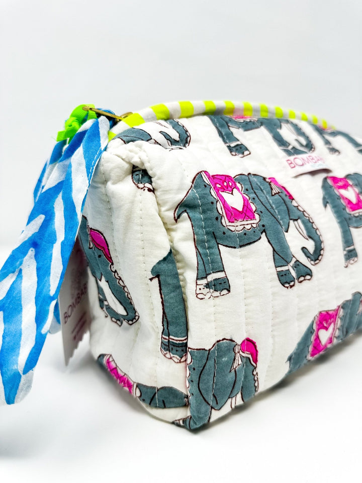 Handmade Block Print Quilted Wash Bag | Amara's Elephant - Bombaby