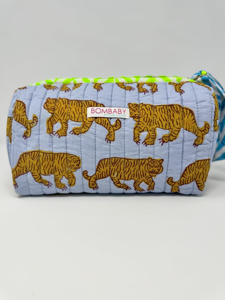 Handmade Block Print Quilted Wash Bag | Blue Tiger - Bombaby