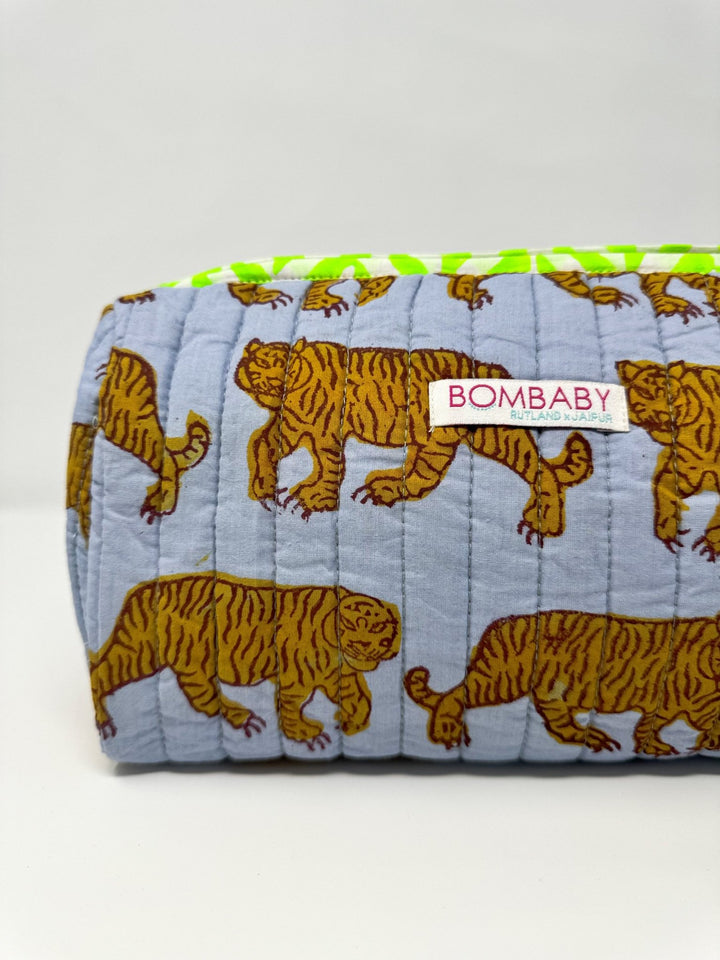 Handmade Block Print Quilted Wash Bag | Blue Tiger - Bombaby