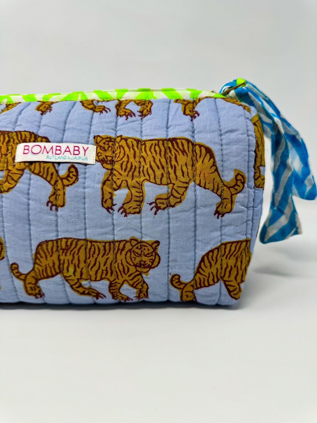 Handmade Block Print Quilted Wash Bag | Blue Tiger - Bombaby