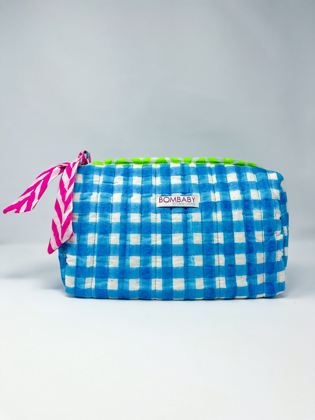 Handmade Block Print Quilted Wash Bag | Malibu Blue Check - Bombaby