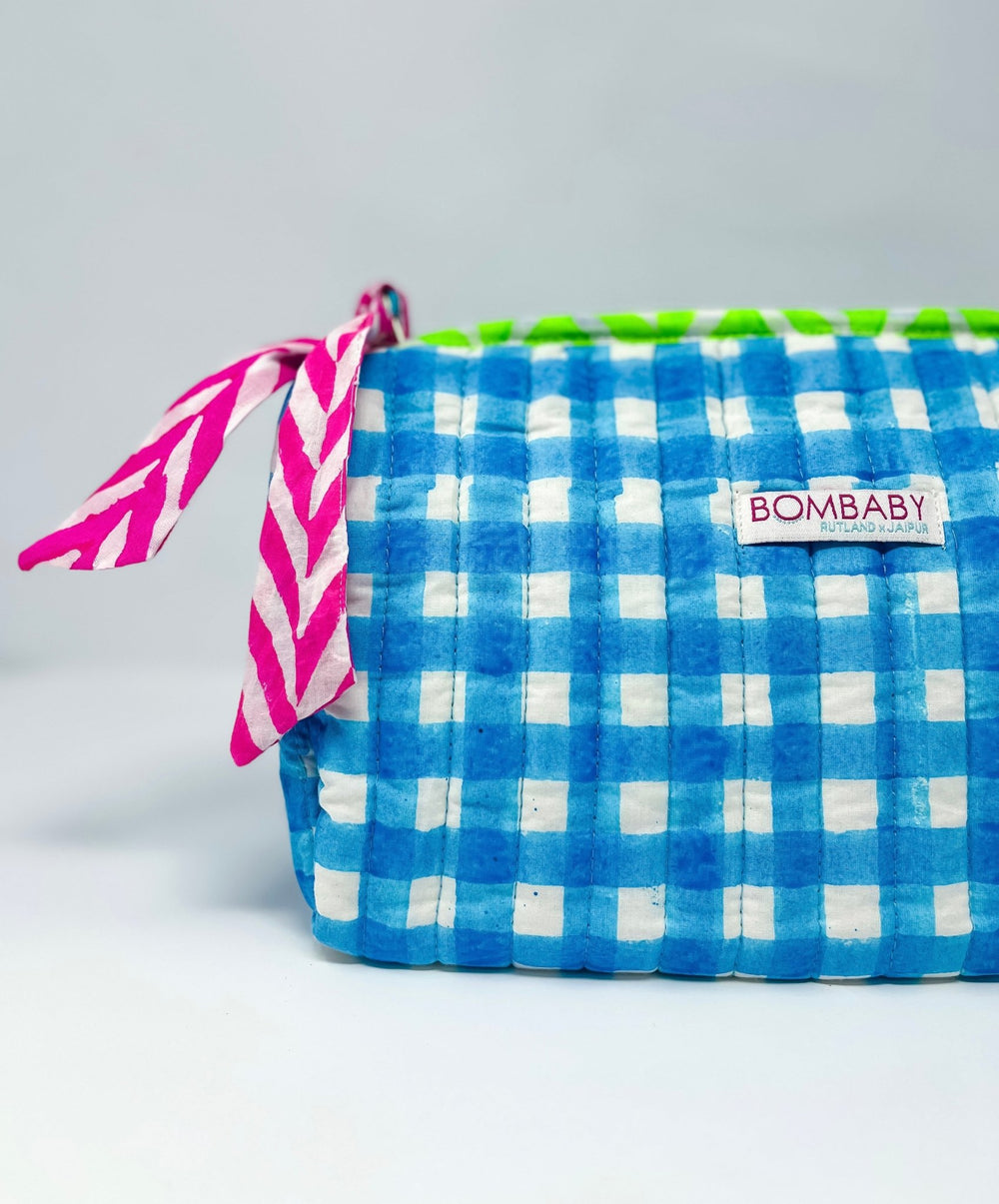 Handmade Block Print Quilted Wash Bag | Malibu Blue Check - Bombaby