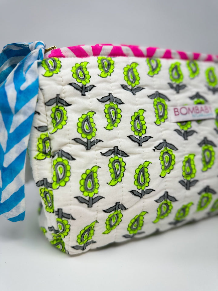 Handmade Block Print Quilted Wash Bag | Neon Paisley - Bombaby