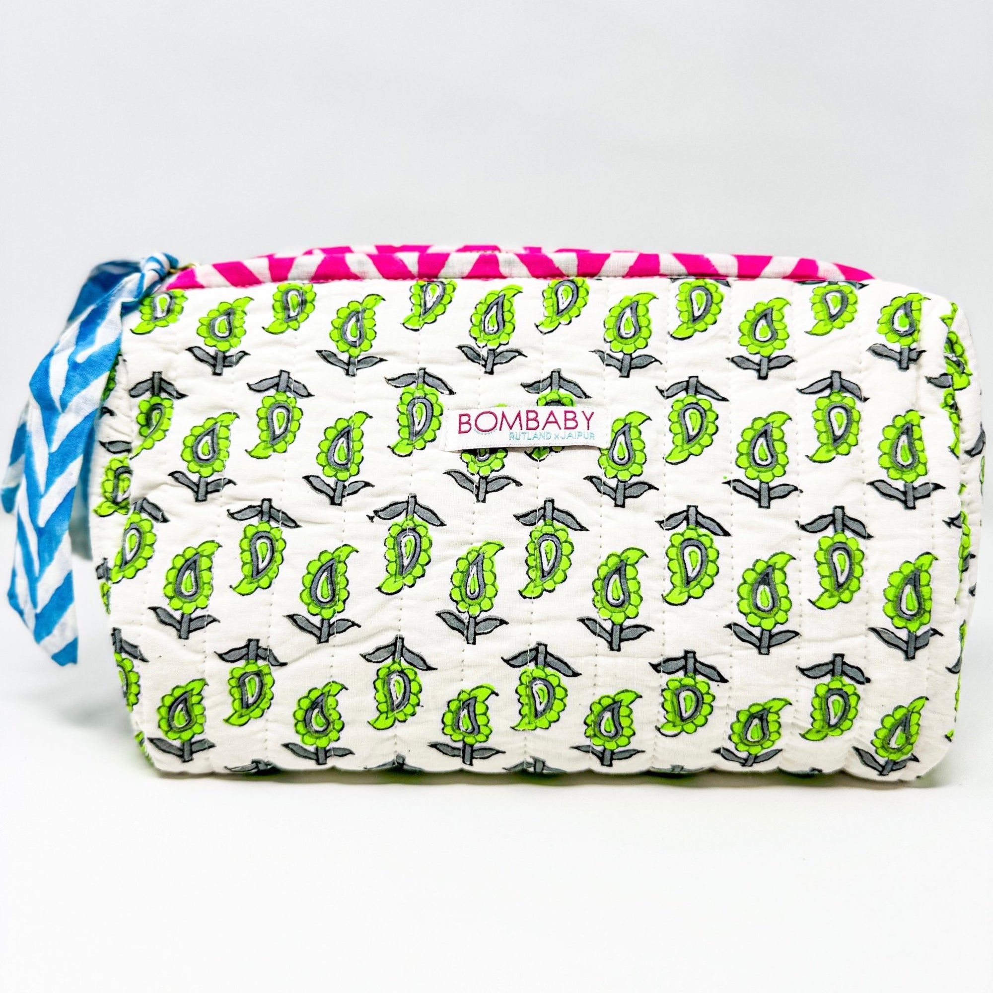 Handmade Block Print Quilted Wash Bag | Neon Paisley - Bombaby