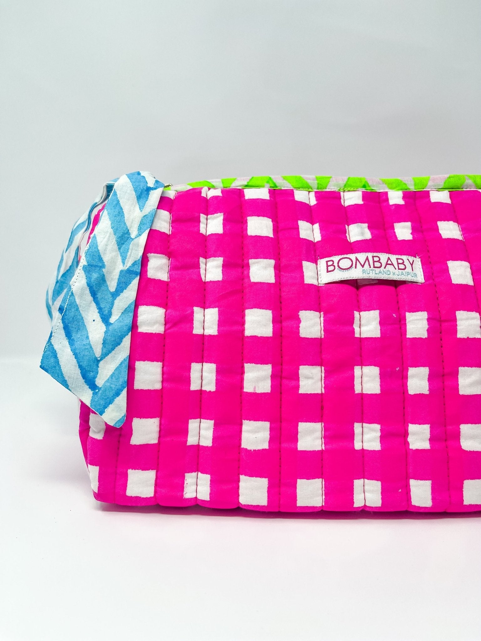 Handmade Block Print Quilted Wash Bag | Neon Pink Check - Bombaby