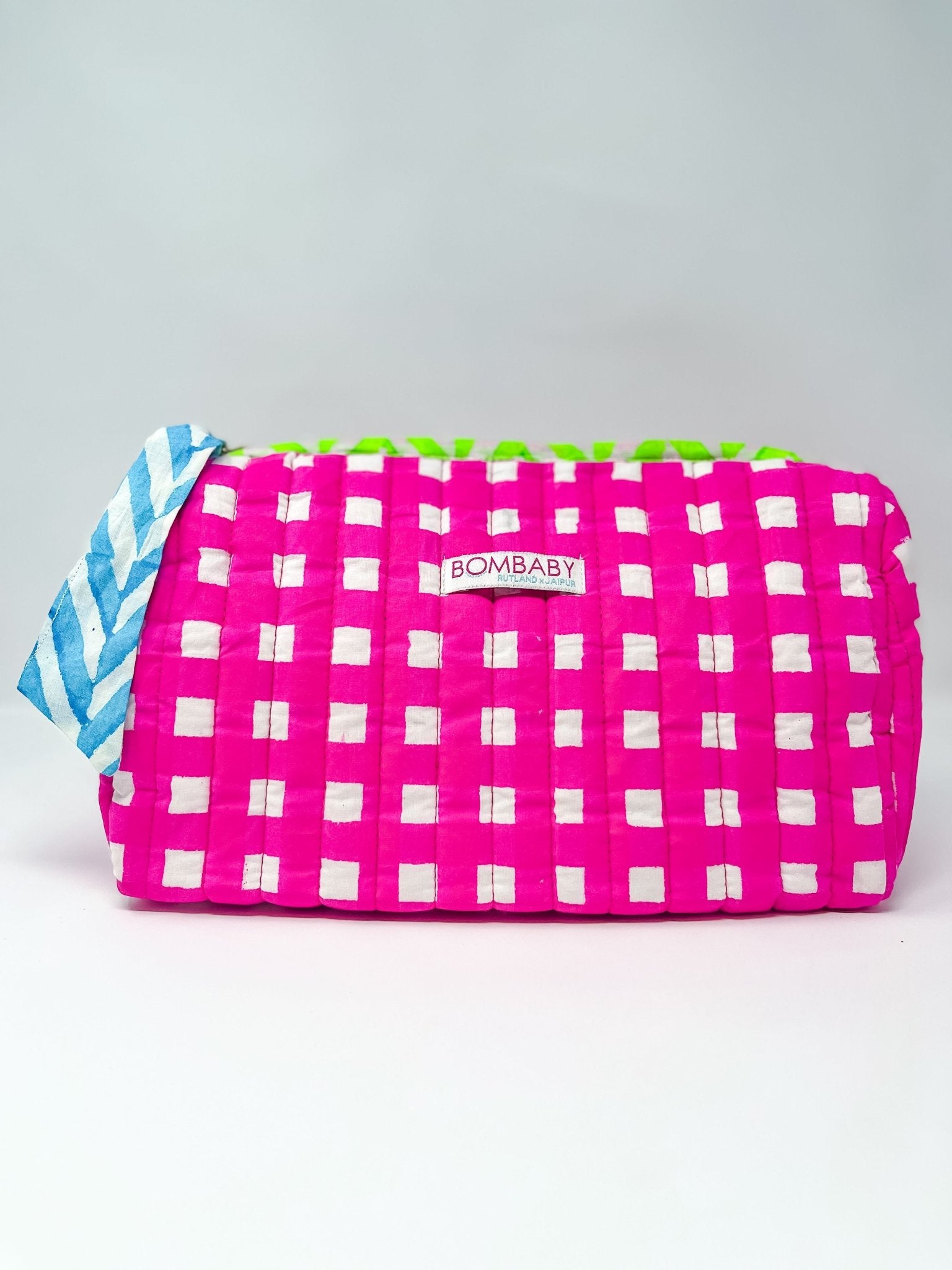 Handmade Block Print Quilted Wash Bag | Neon Pink Check - Bombaby