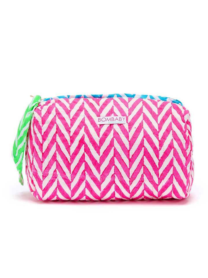 Handmade Block Print Quilted Wash Bag | Neon Pink - Bombaby