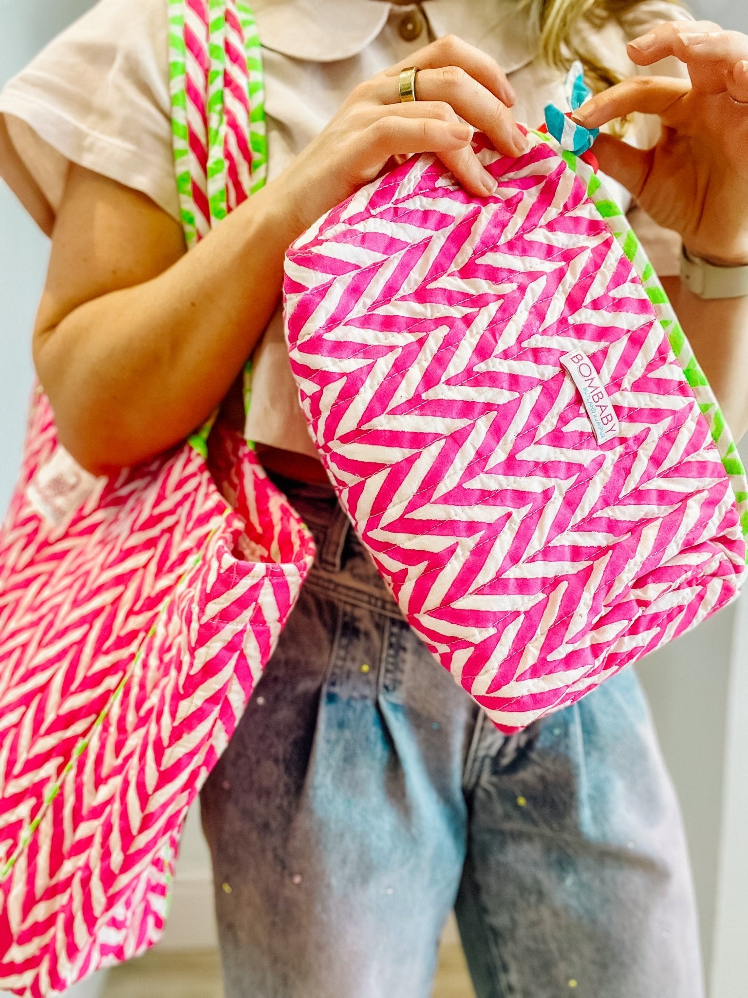 Handmade Block Print Quilted Wash Bag | Neon Pink - Bombaby