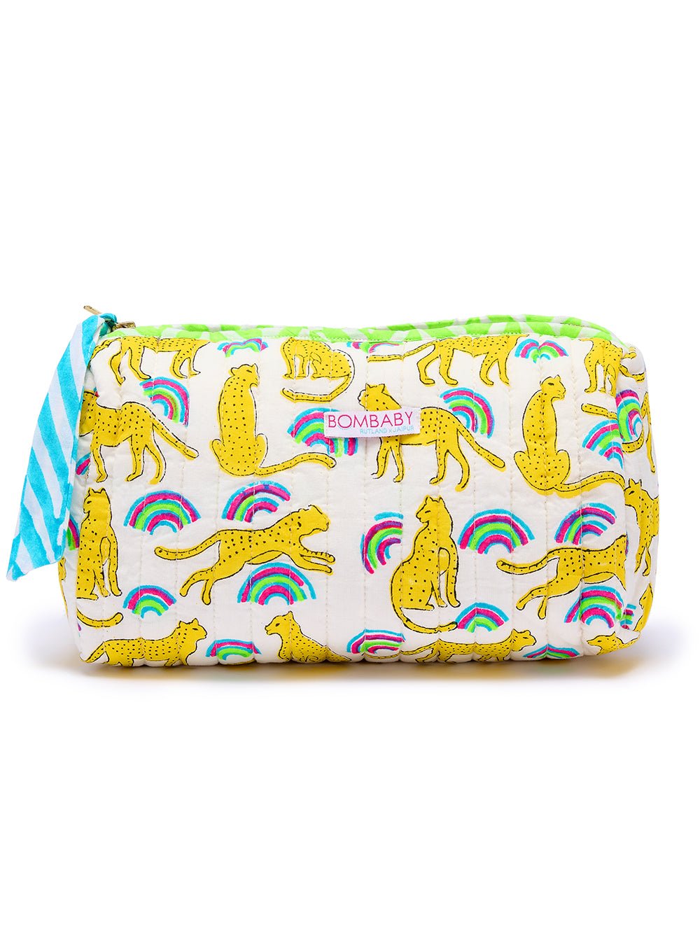 Handmade Block Print Quilted Wash Bag | Neon Rainbow Leopard - Bombaby