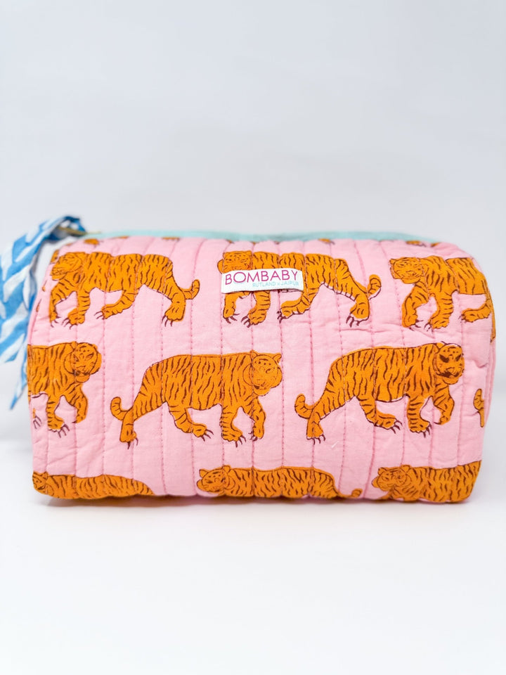 Handmade Block Print Quilted Wash Bag | Pink Tiger - Bombaby