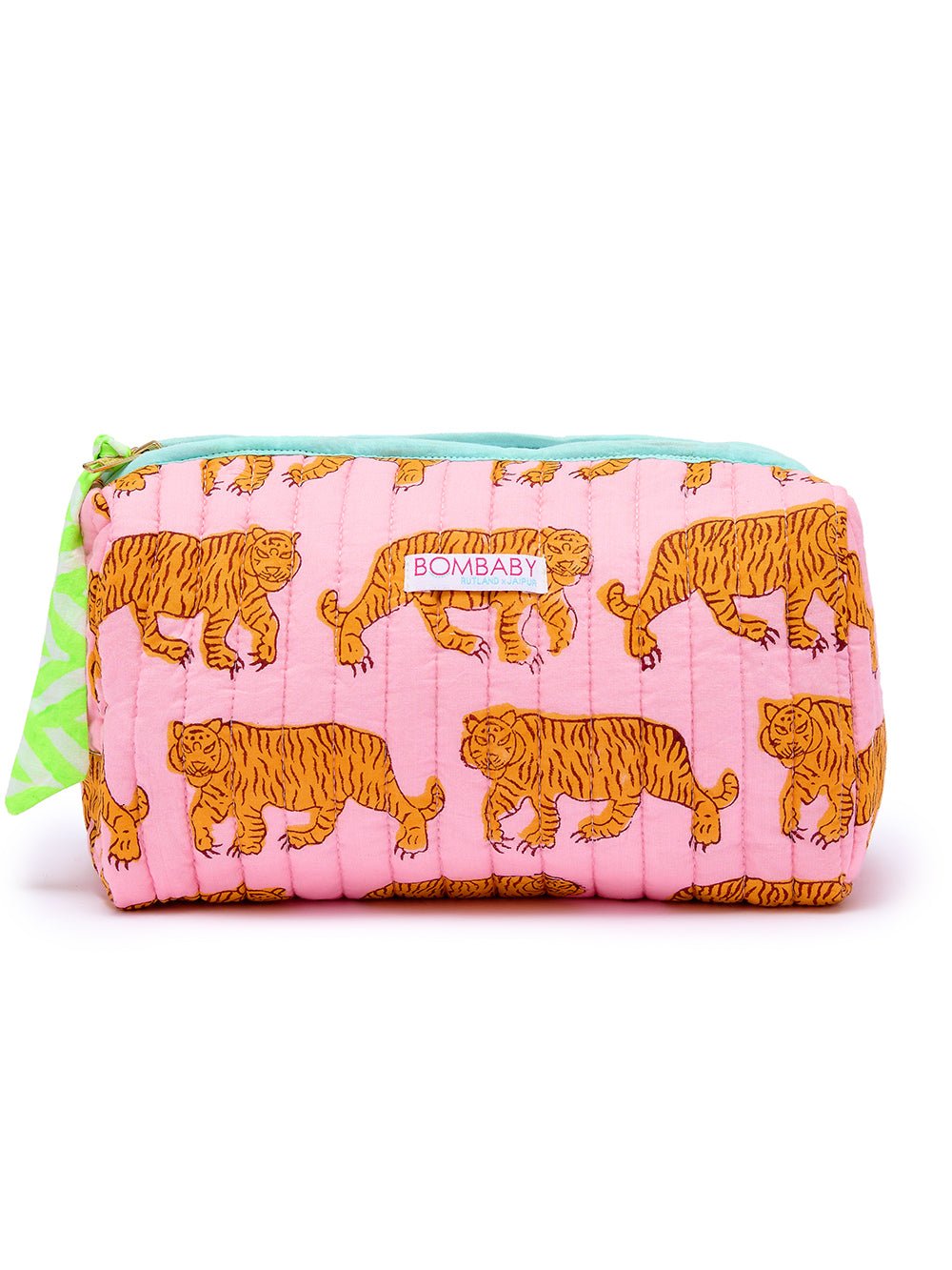 Handmade Block Print Quilted Wash Bag | Pink Tiger - Bombaby