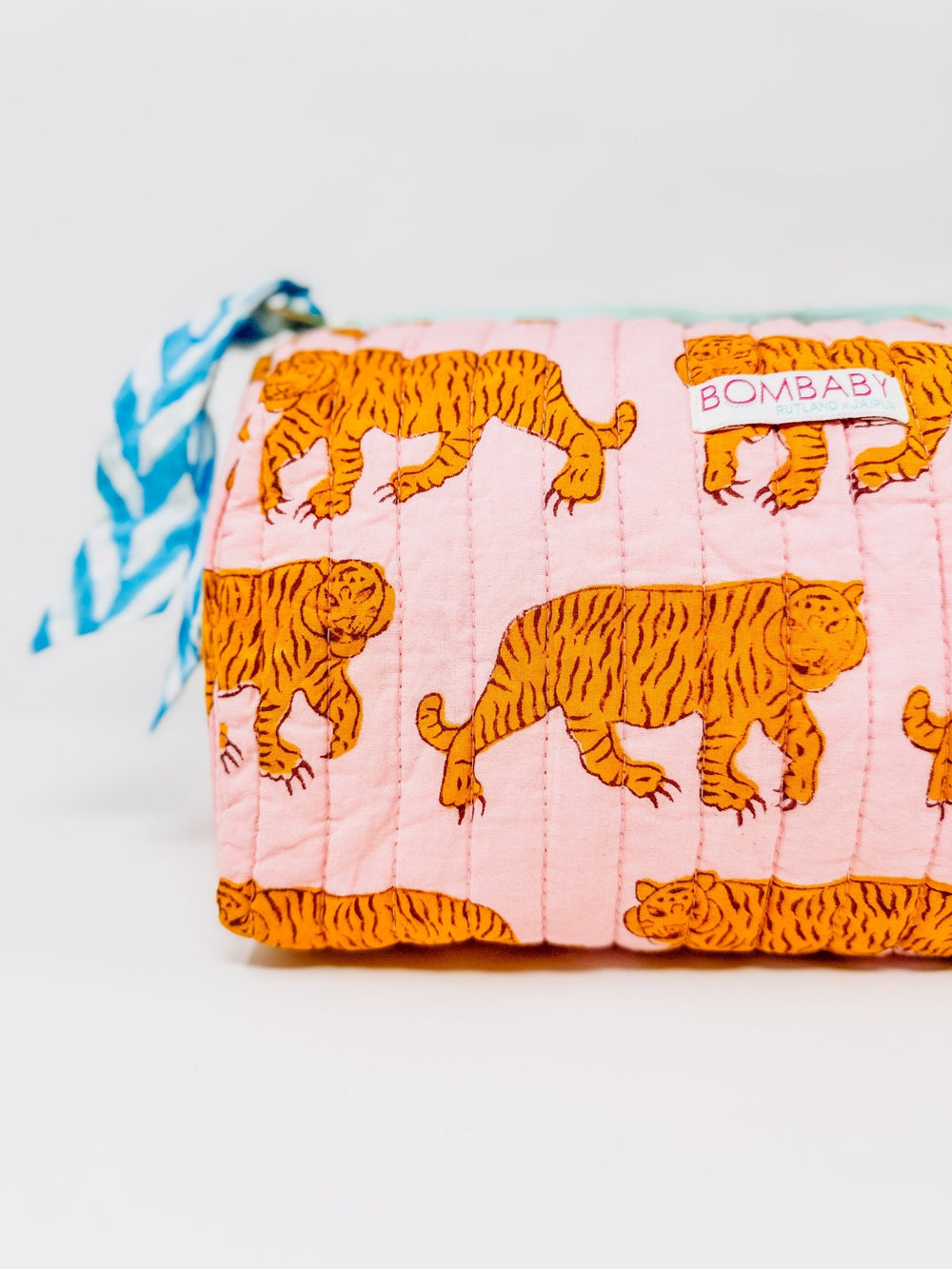 Handmade Block Print Quilted Wash Bag | Pink Tiger - Bombaby