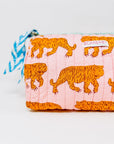 Handmade Block Print Quilted Wash Bag | Pink Tiger - Bombaby