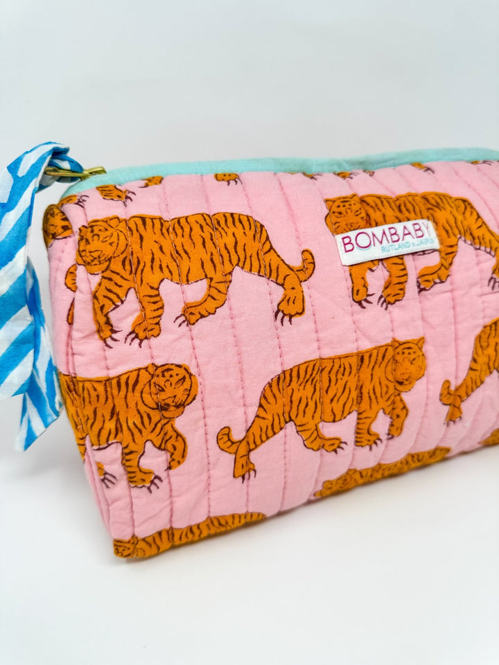 Handmade Block Print Quilted Wash Bag | Pink Tiger - Bombaby