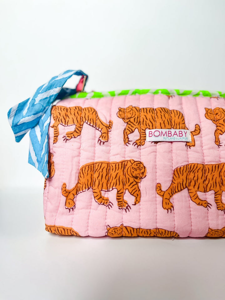 Handmade Block Print Quilted Wash Bag | Pink Tiger - Bombaby