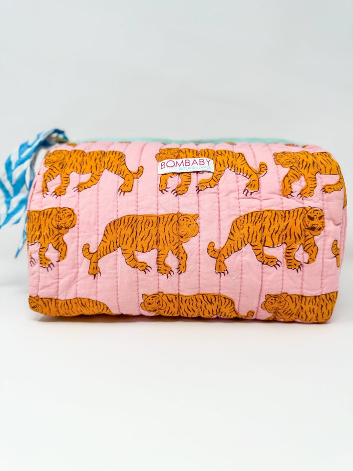 Handmade Block Print Quilted Wash Bag | Pink Tiger - Bombaby