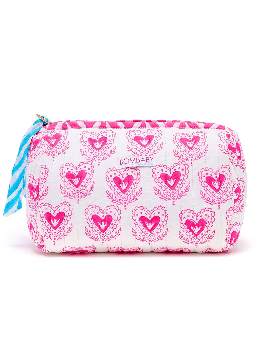 Handmade Block Print Quilted Wash Bag | Scallop Heart - Bombaby