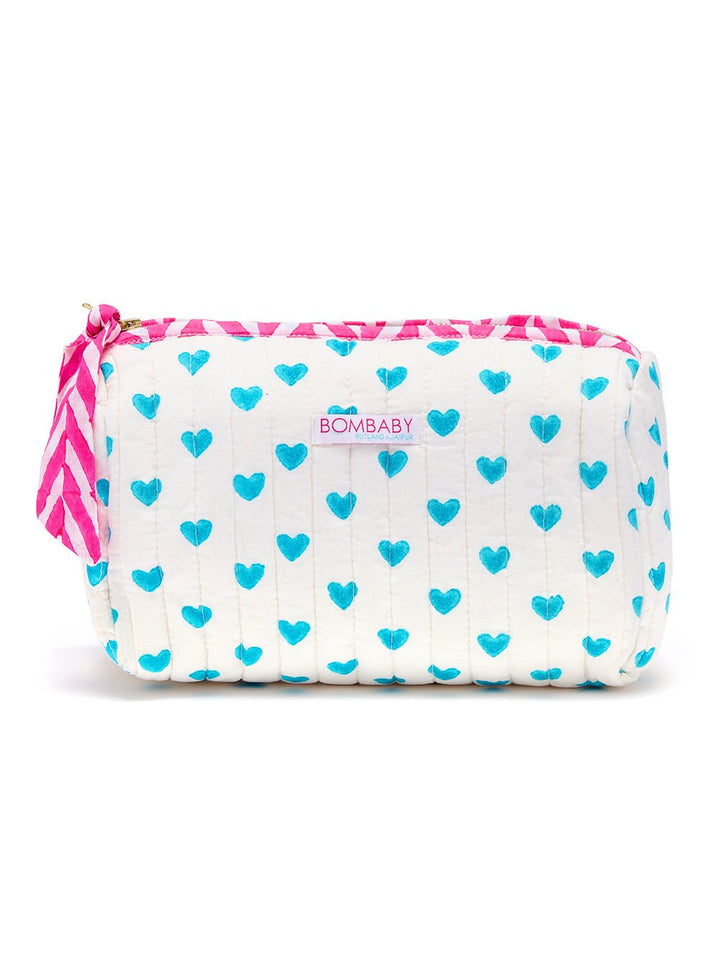 Handmade Quilted Block Print Wash Bag | Blue Hearts - Bombaby