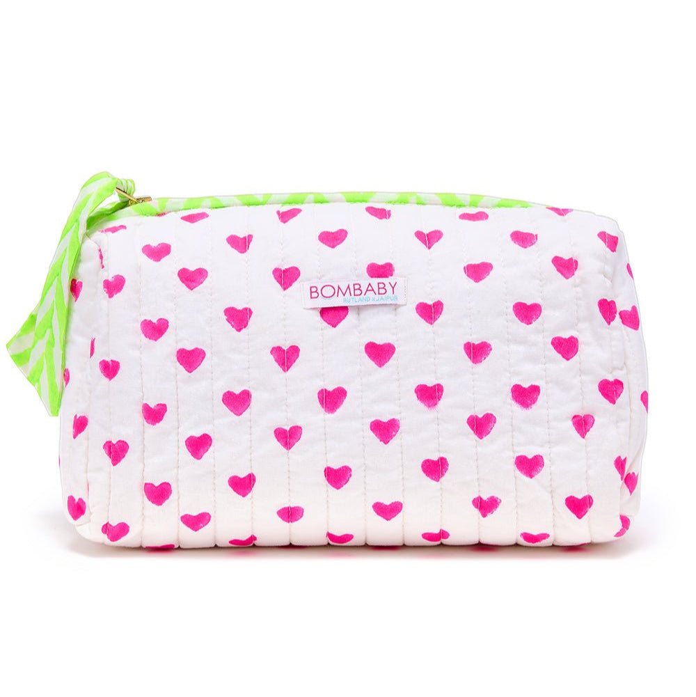 Handmade Quilted Block Print Wash Bag | Pink Hearts - Bombaby