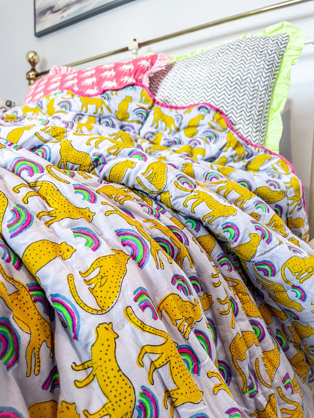 Handmade Scallop Standard Quilt | Neon Rainbow Leopard - Bombaby